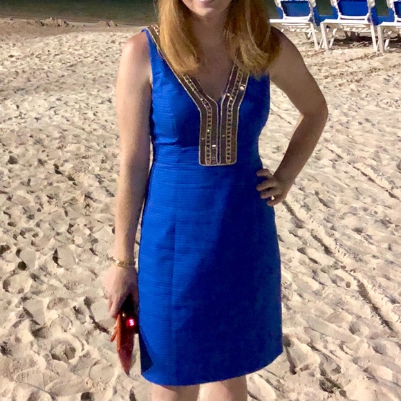 Lilly Pulitzer Royal Blue Shift with Gold Neckline Beading - Picture 3 of 7